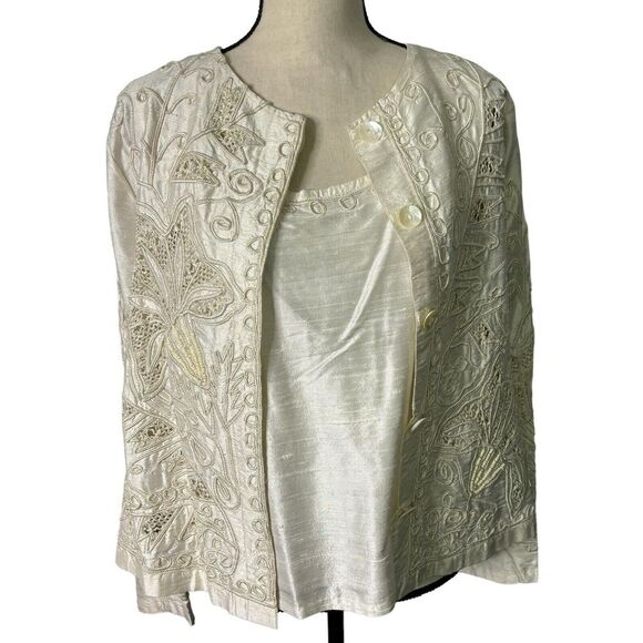 Sandy Starkman Skirt Set Womens 1X White 100% Silk Beaded 3 Piece Vintage - Picture 7 of 16